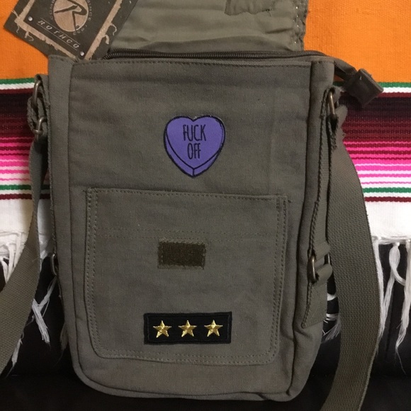 Olive Punk Patch Studded Army Bag Crossbody Purse - Picture 4 of 8